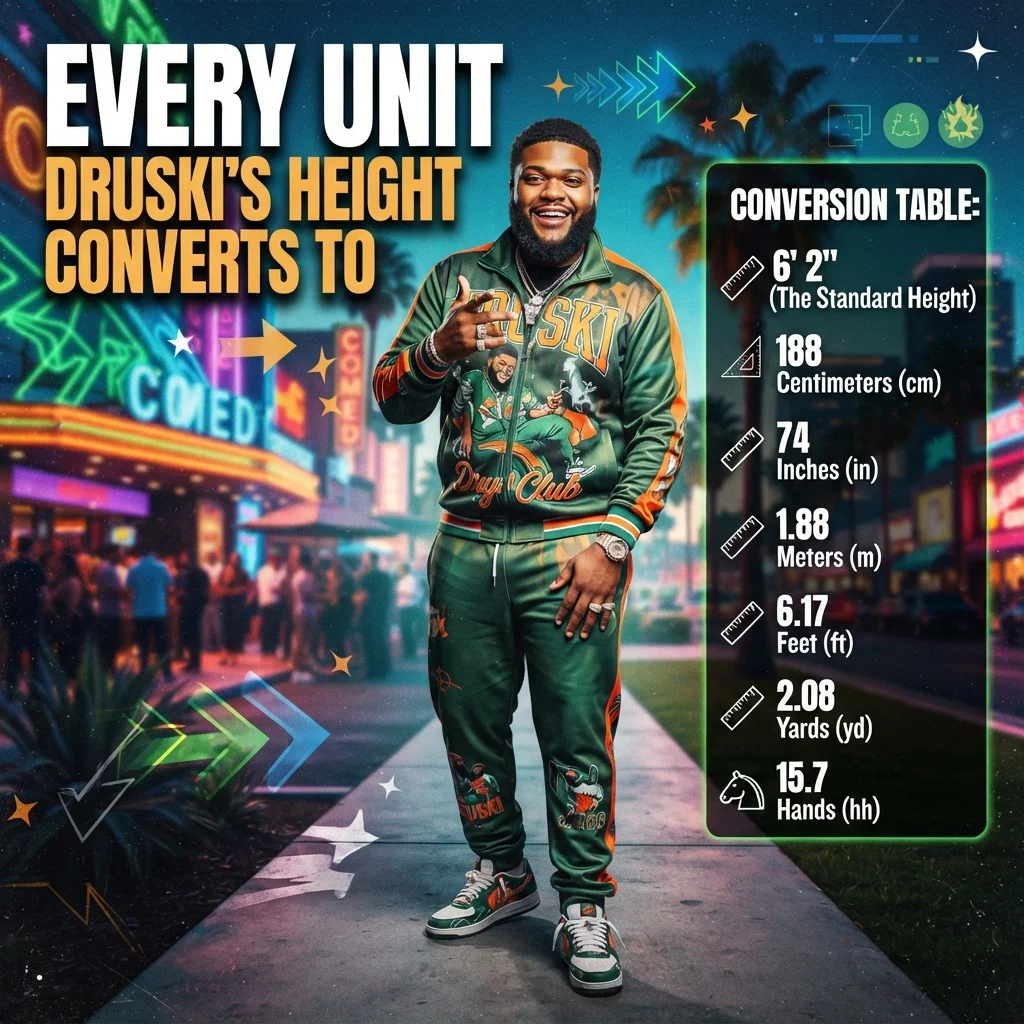 Druski's height converted into feet, inches, centimeters, meters, and other units