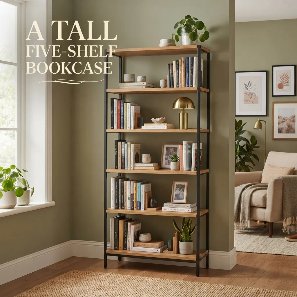 : A tall five-shelf bookcase around 6 feet 2 inches for an everyday height comparison