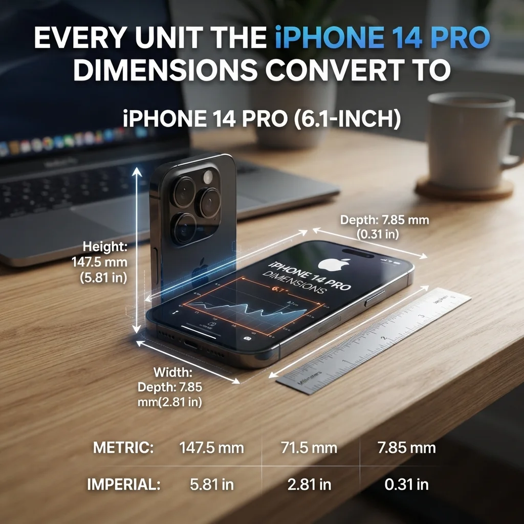 iPhone 14 Pro dimensions converted to inches, centimeters, millimeters, and other measurement units
