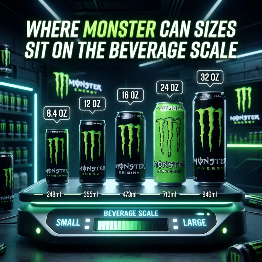 Monster can sizes compared on a beverage size scale