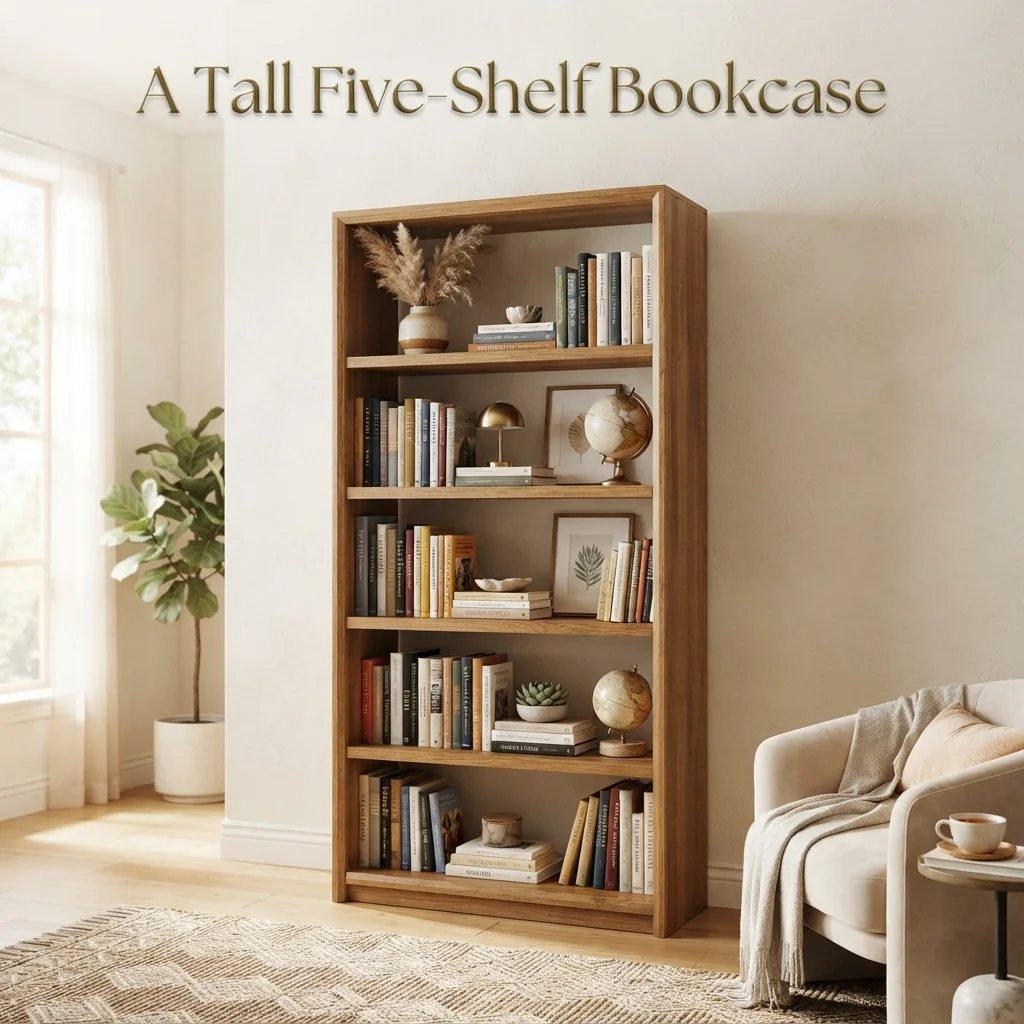 A tall five-shelf bookcase around 6 feet 2 inches for an everyday height comparison