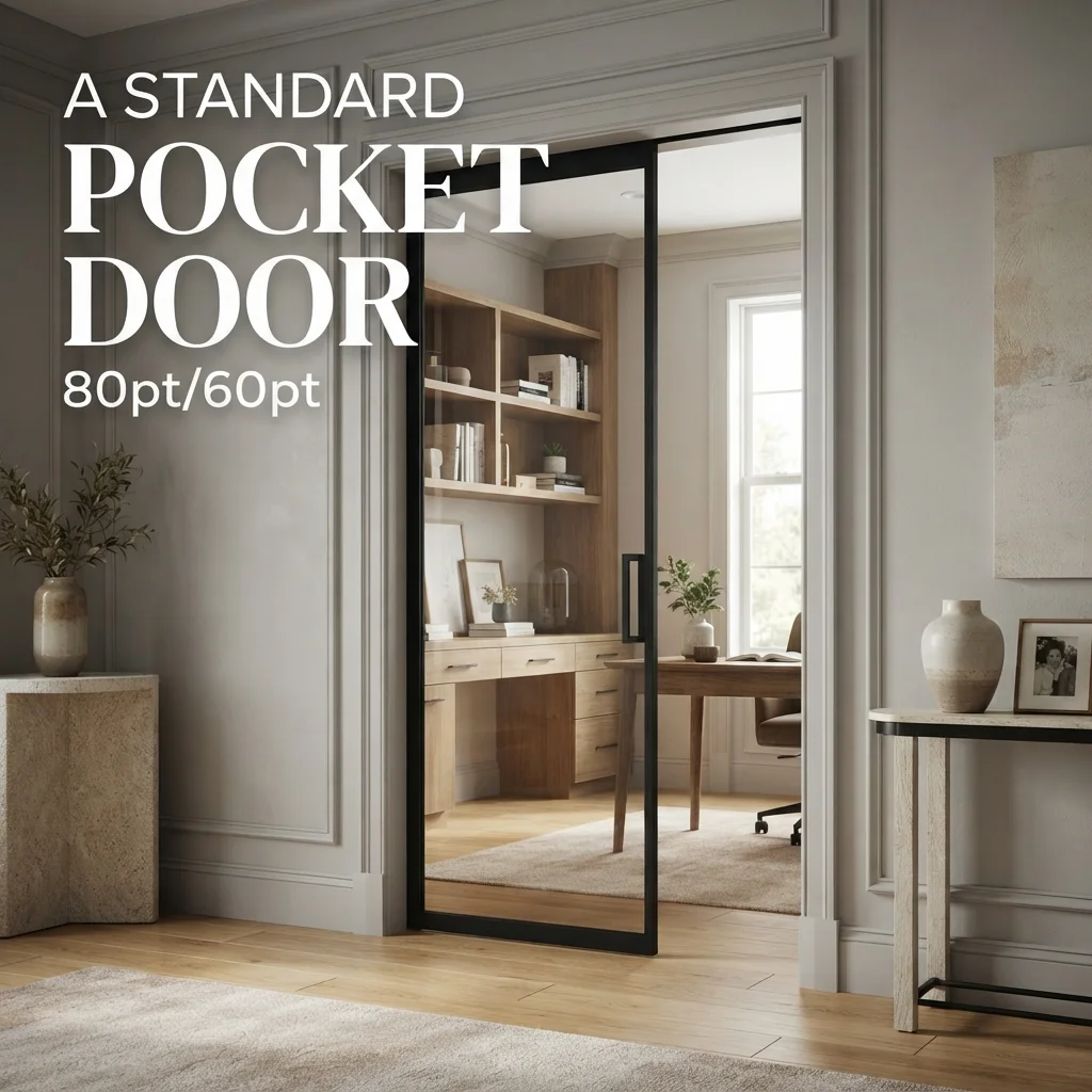 A standard pocket door showing common door height, width, and overall dimensions