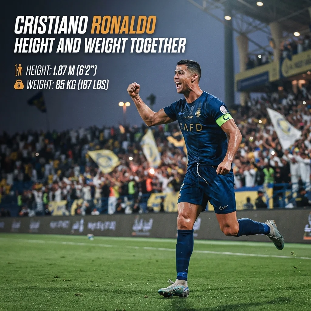 Cristiano Ronaldo's height and weight together with reported measurements and size comparison