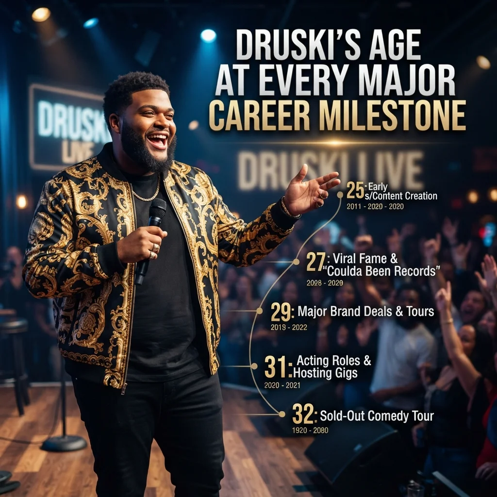 Druski's age at major career milestones from his 2017 comedy start through 2026