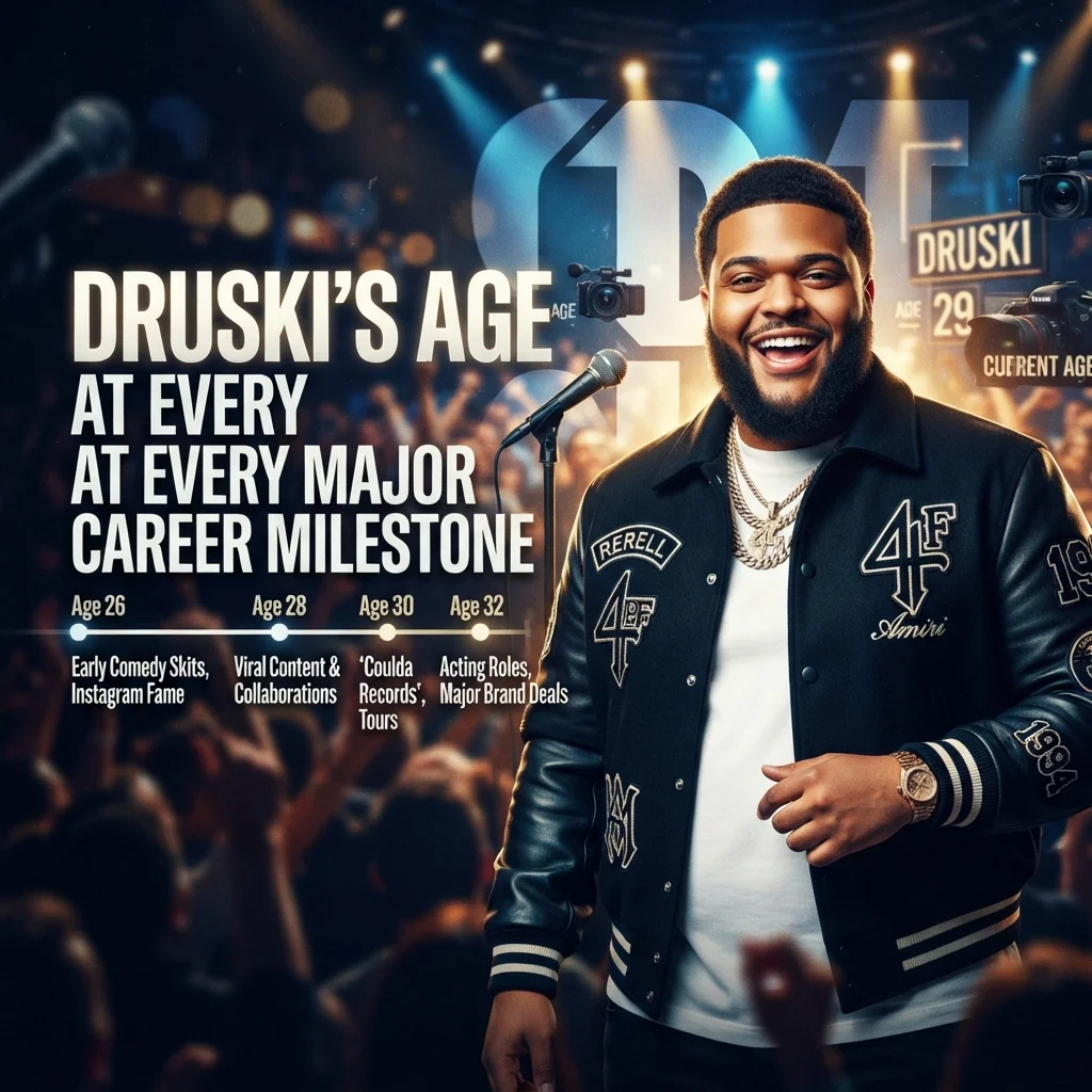 Druski's age at major career milestones from his 2017 comedy start through 2026