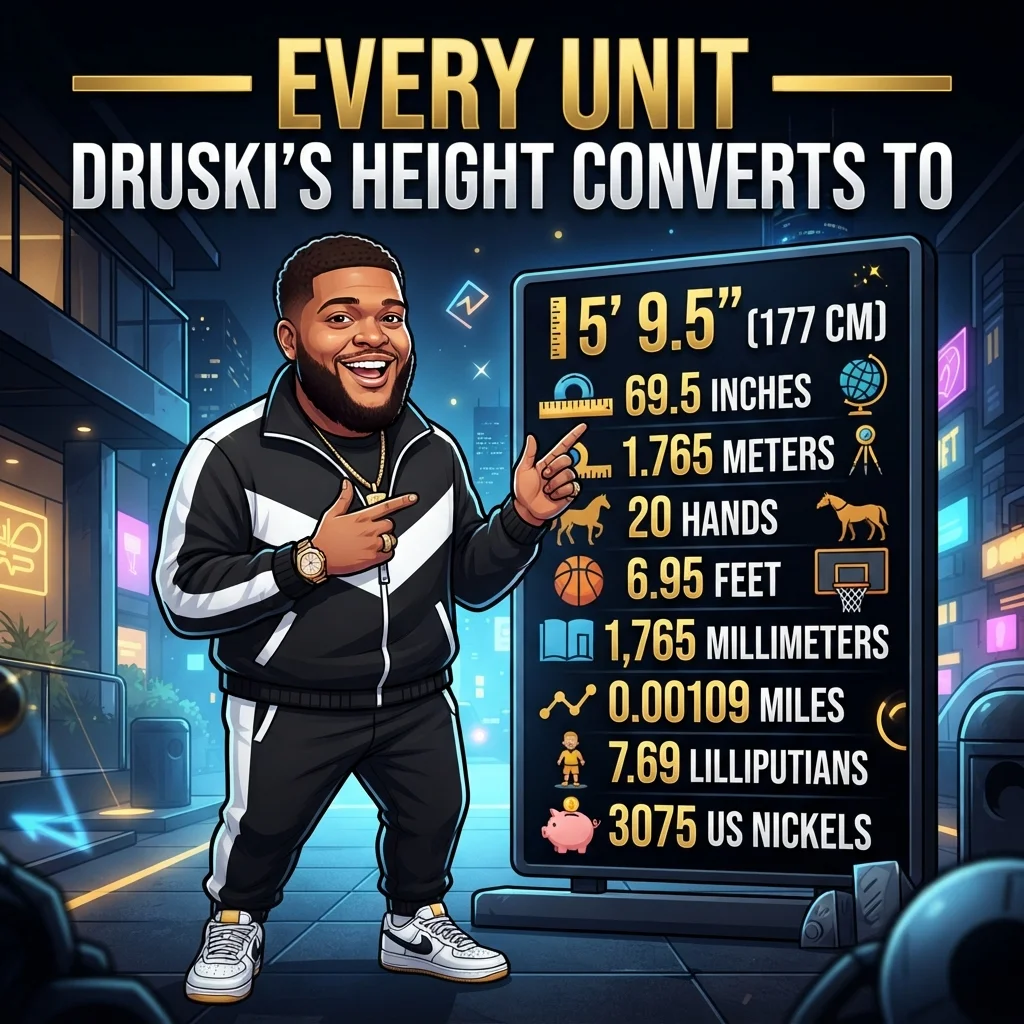 Druski's height converted into feet, inches, centimeters, meters, and other units
