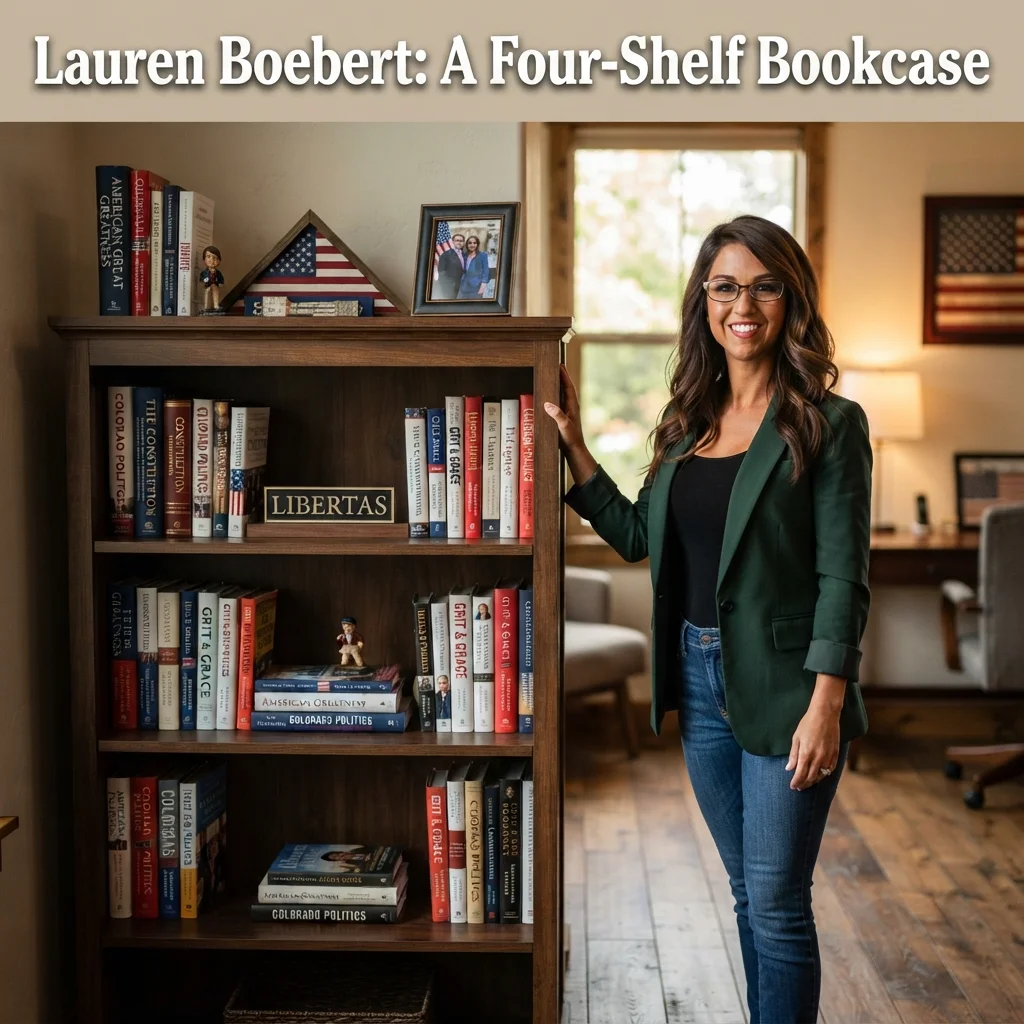 A four-shelf bookcase used as an everyday height comparison for Lauren Boebert's reported height