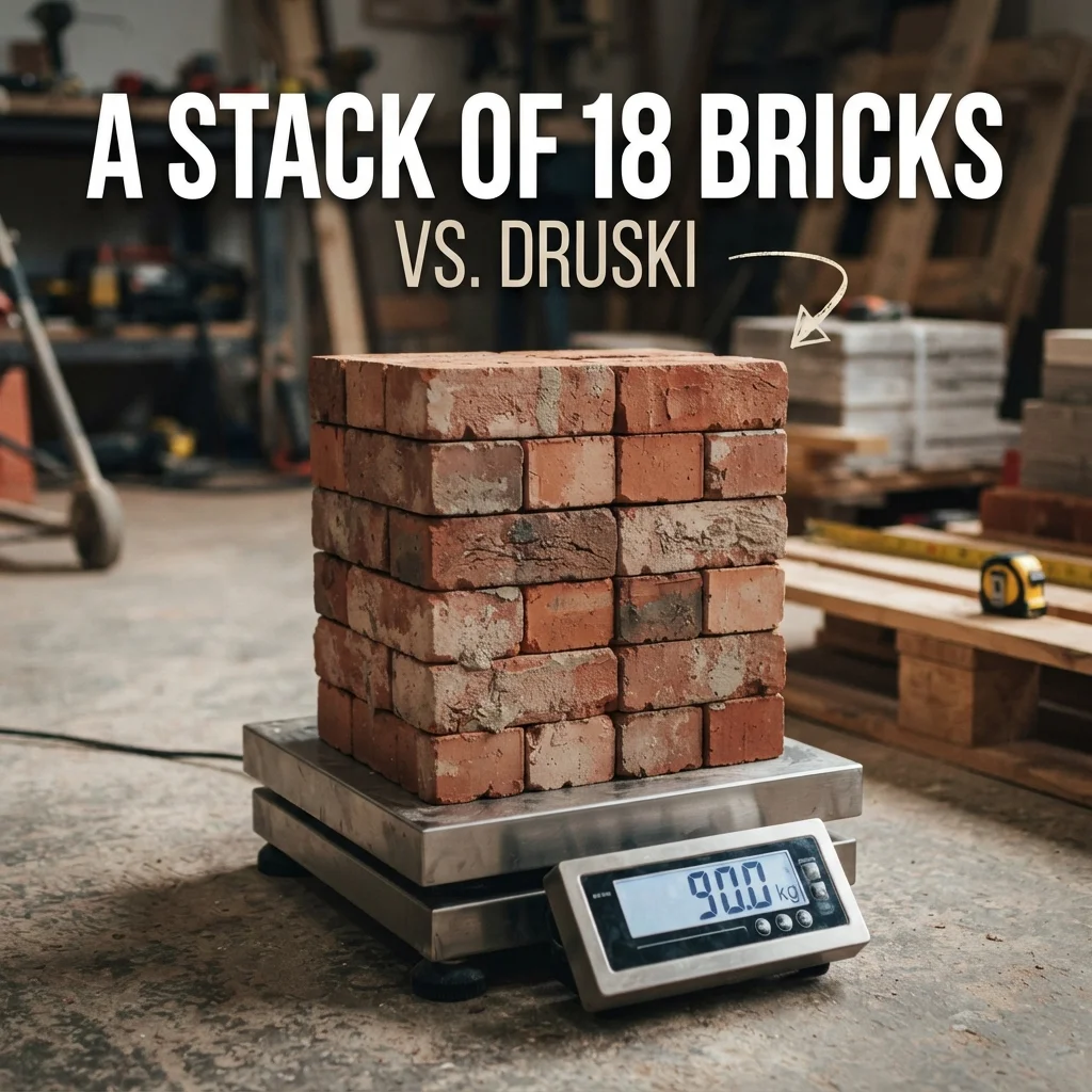 A stack of 18 bricks weighing around 90 kilograms for an everyday weight comparison