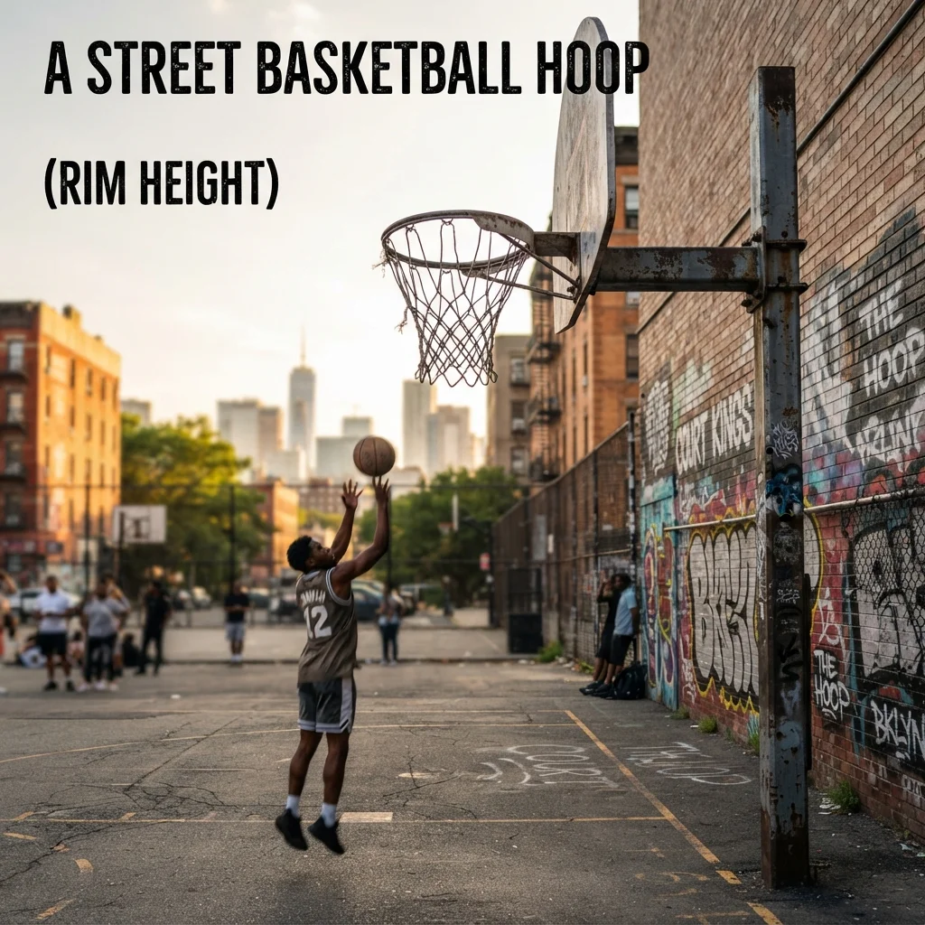 A street basketball hoop with a standard rim height for comparing with a 6'2" height