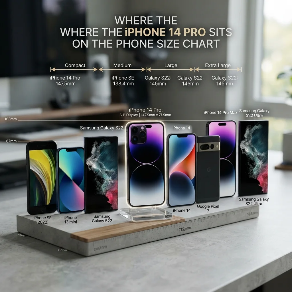 Where the iPhone 14 Pro sits on the phone size chart with height, width, and dimension comparisons