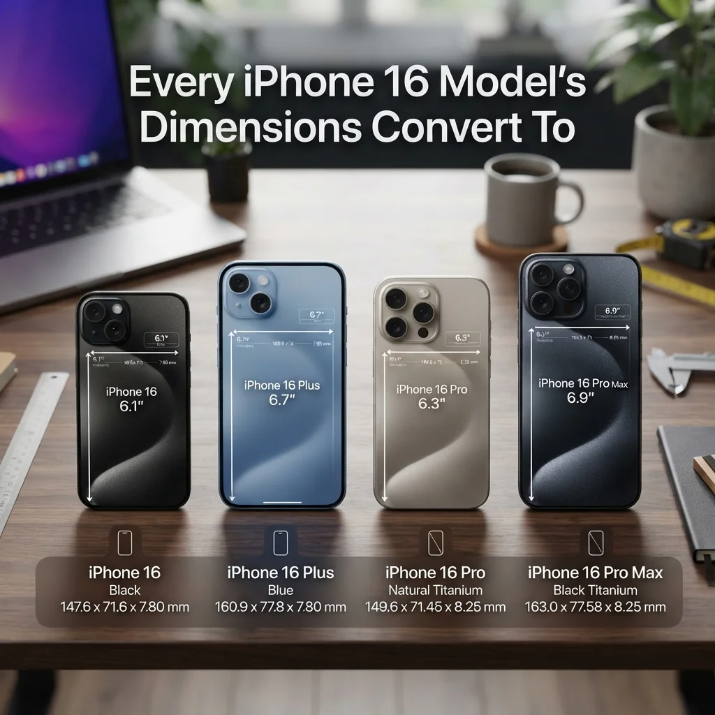 iPhone 16 model dimensions converted to inches, centimeters, millimeters, and other units