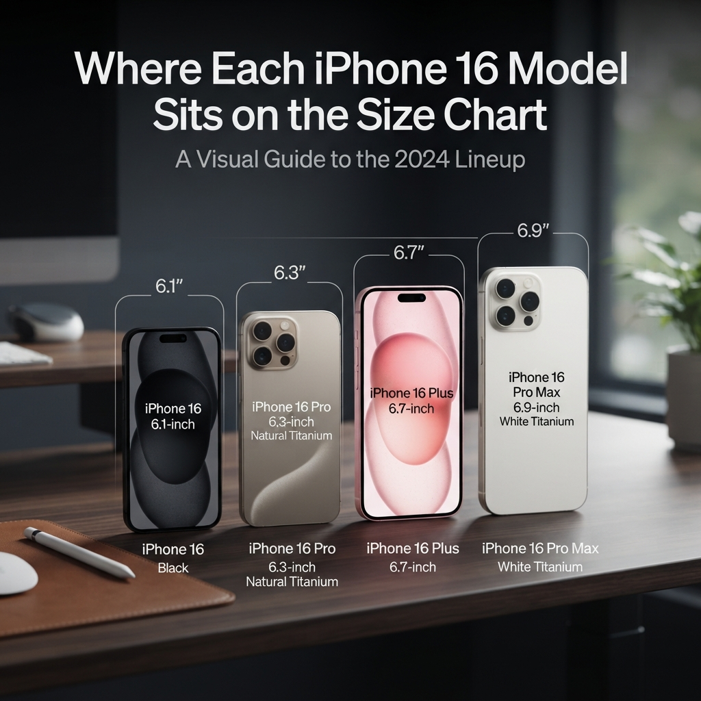 Where each iPhone 16 model sits on the size chart with height, width, and dimension comparisons