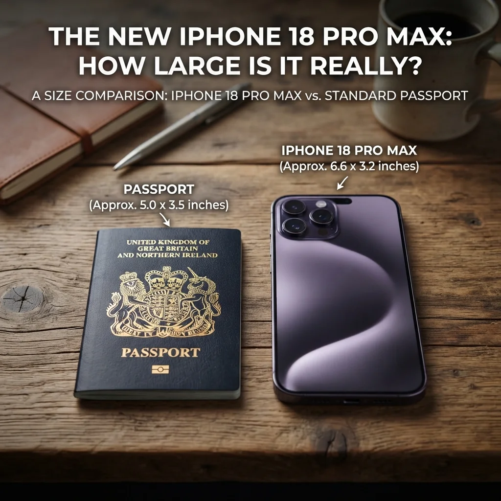 A standard passport compared with the iPhone 18 Pro Max for an everyday size reference