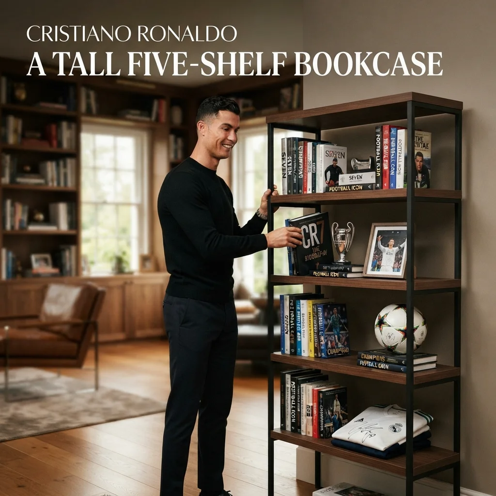 A tall five-shelf bookcase around Cristiano Ronaldo’s height for an everyday size comparison