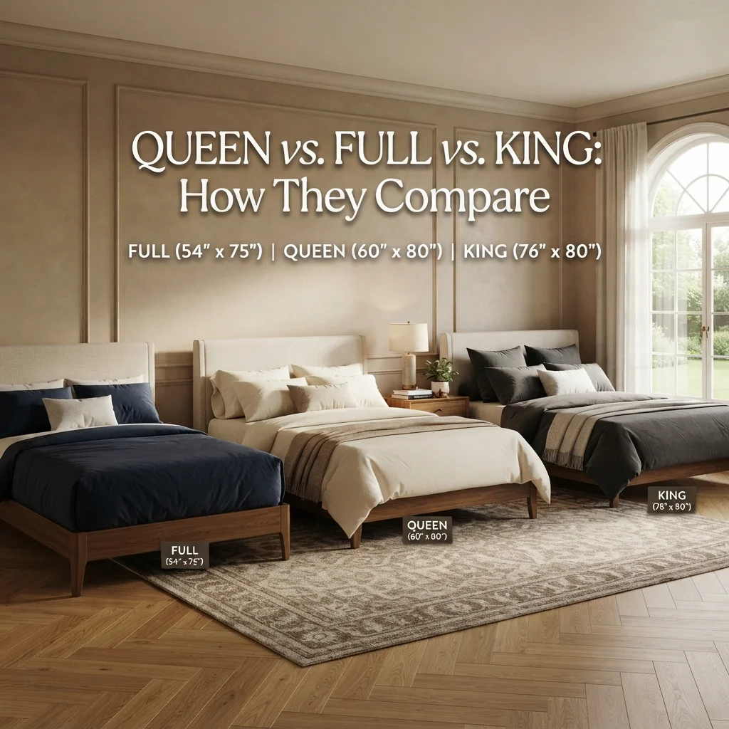 Queen vs full vs king mattress sizes with width, length, and dimension comparisons