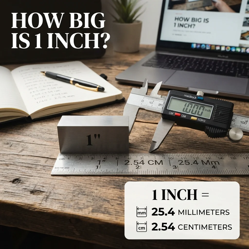 How big is 1 inch in different units, including centimeters, millimeters, and feet