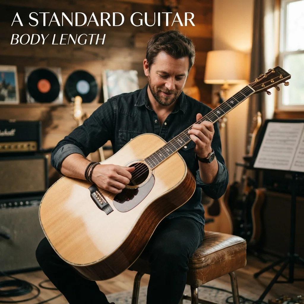 A standard guitar showing its approximate body length and overall dimensions for size comparison