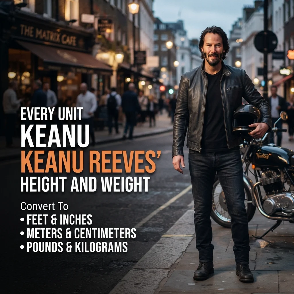 Keanu Reeves height and weight conversions in feet, inches, centimeters, kilograms, pounds, and stones