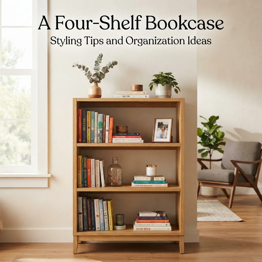 A four-shelf bookcase showing common height for an everyday size comparison