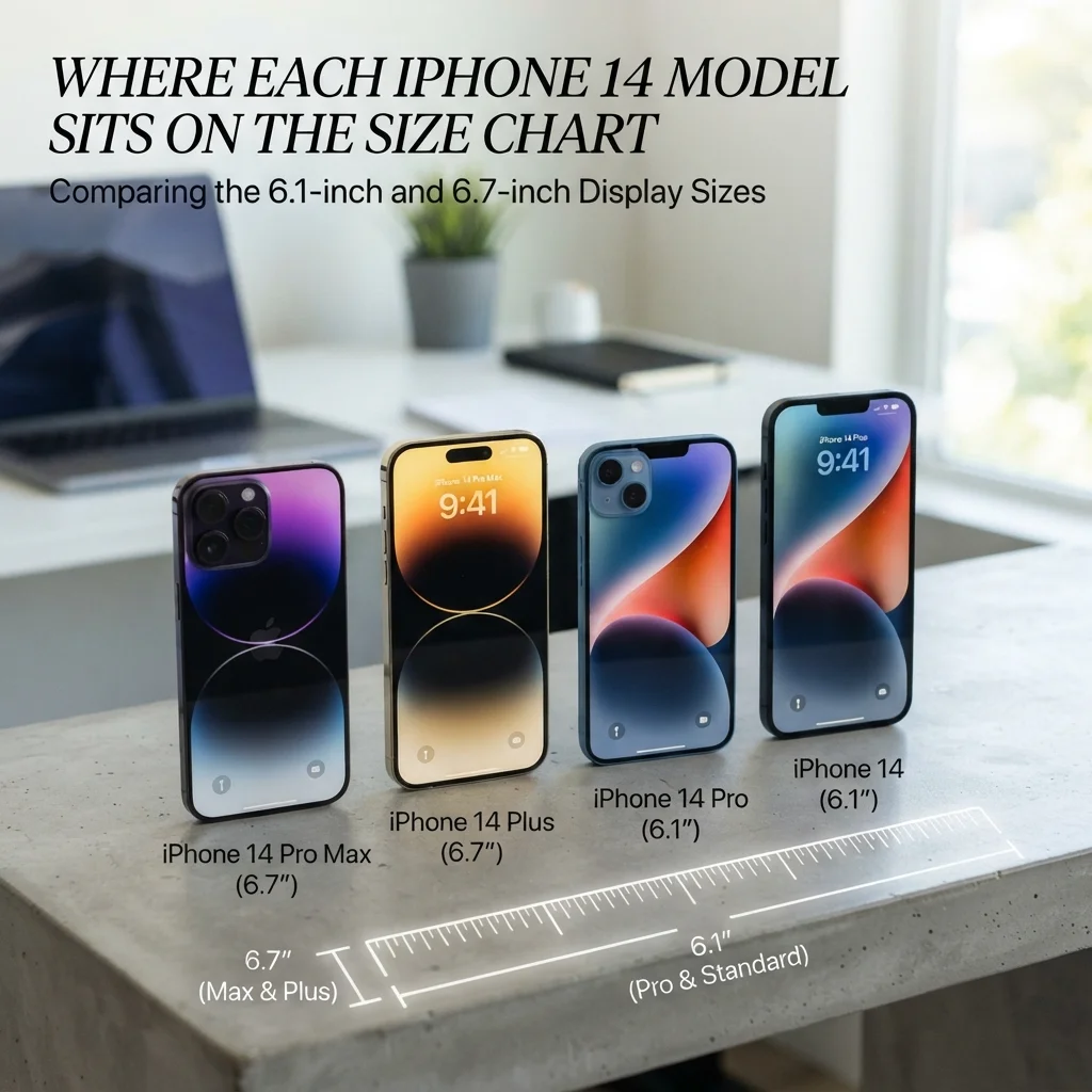 Where each iPhone 14 model sits on the size chart with height, width, and dimension comparisons