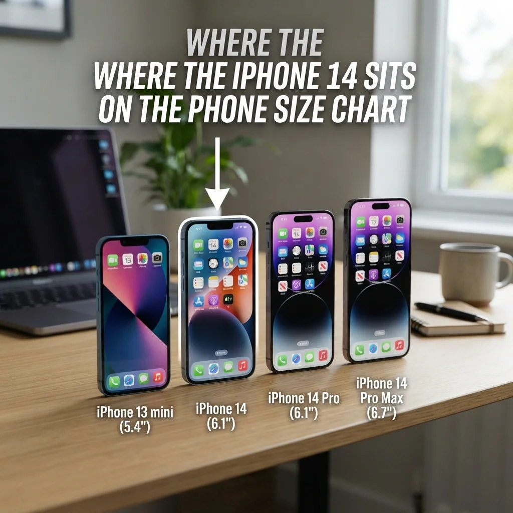 Where the iPhone 14 sits on the phone size chart with height, width, and dimension comparisons