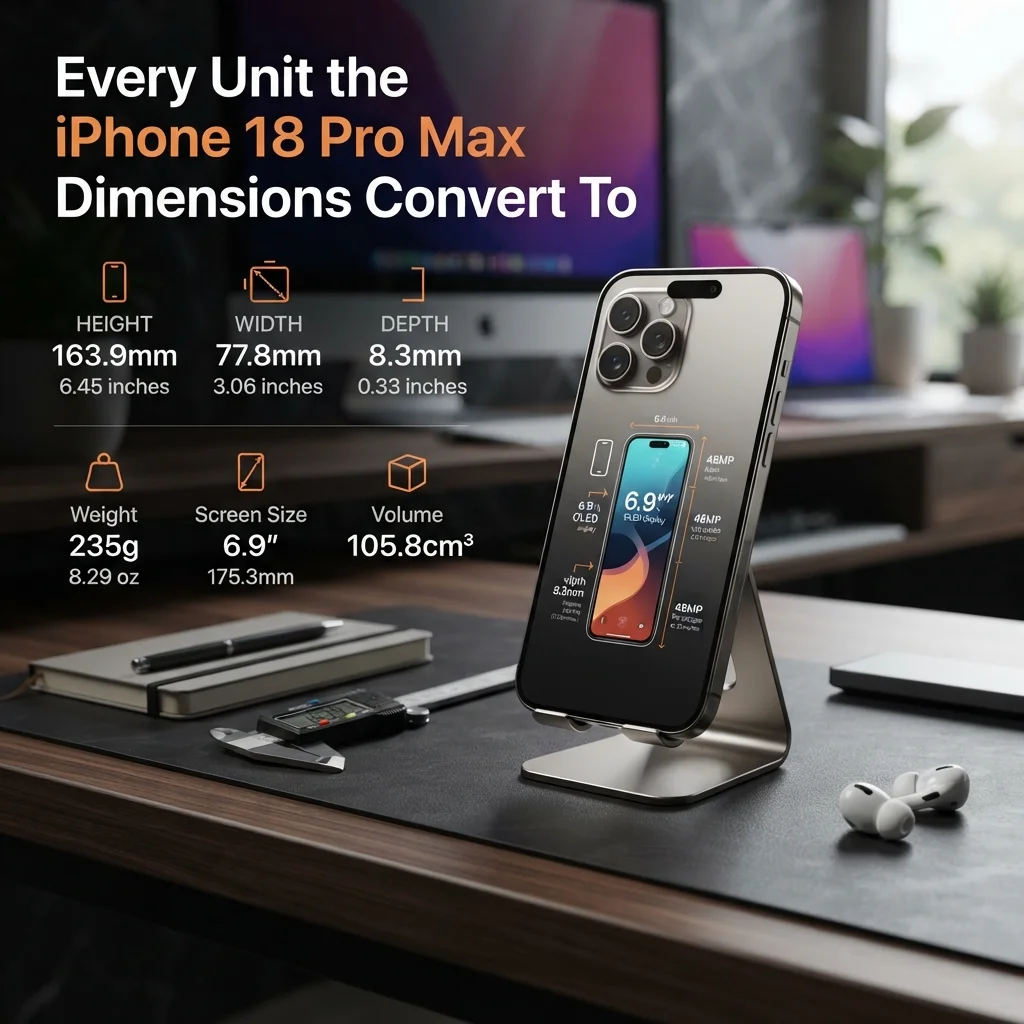 iPhone 18 Pro Max dimensions converted into inches, millimeters, centimeters, and other measurement units