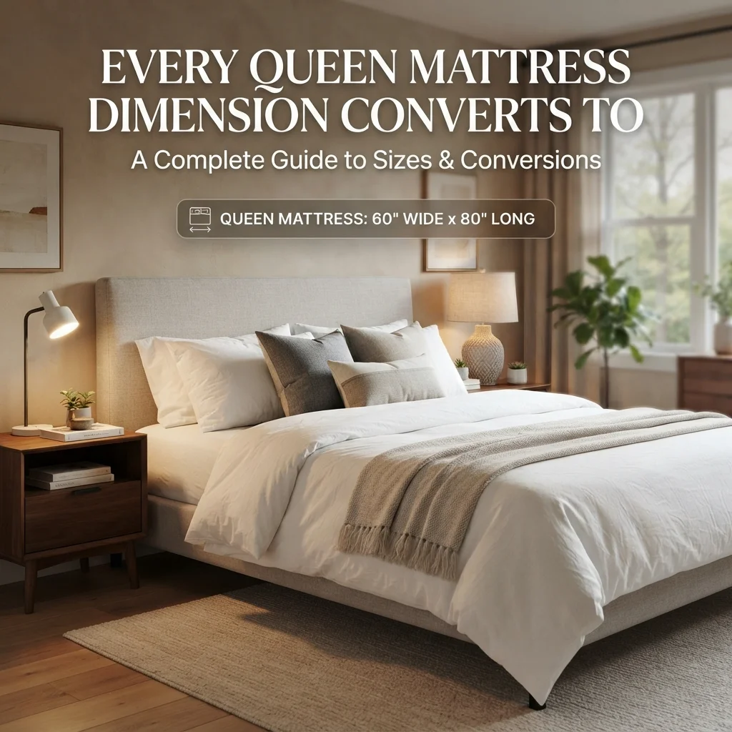 Queen mattress dimensions converted to inches, feet, centimeters, and other common units