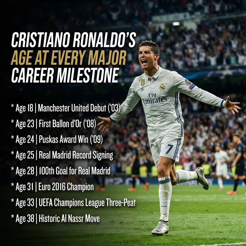 Cristiano Ronaldo's age at major career milestones from his early career through 2026