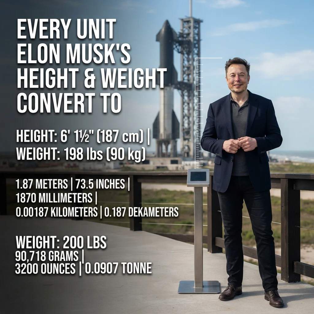 Elon Musk’s reported height and weight converted into feet, inches, centimeters, pounds, and kilograms