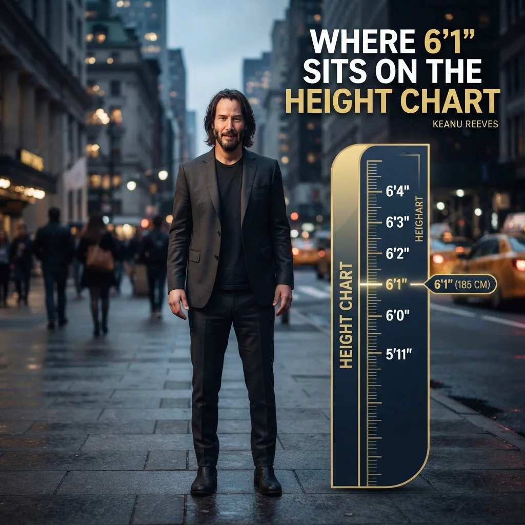 Keanu Reeves at 6 feet 1 inch on a height chart showing feet, inches, and centimeters