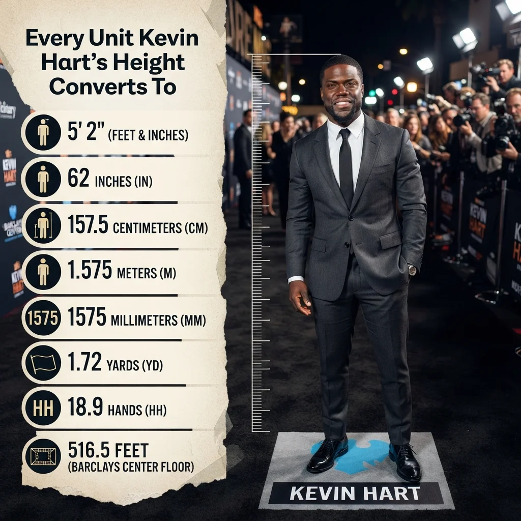 Kevin Hart's reported height converted into feet, inches, centimeters, meters, and other units