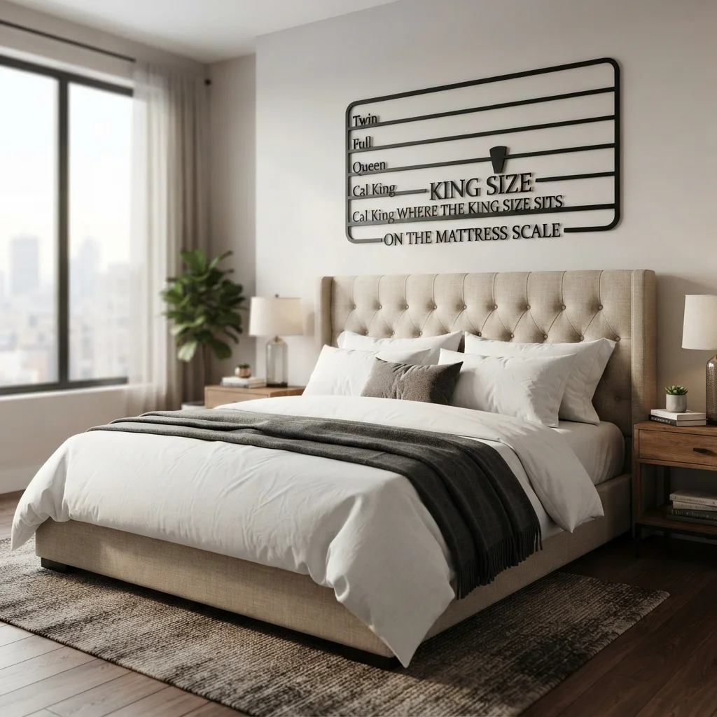 King size bed compared with twin, full, queen, and California king mattresses on a size chart