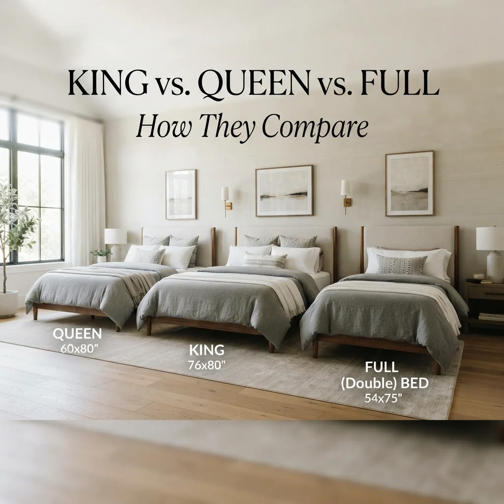 King vs queen vs full bed sizes compared by mattress width, length, and sleeping space