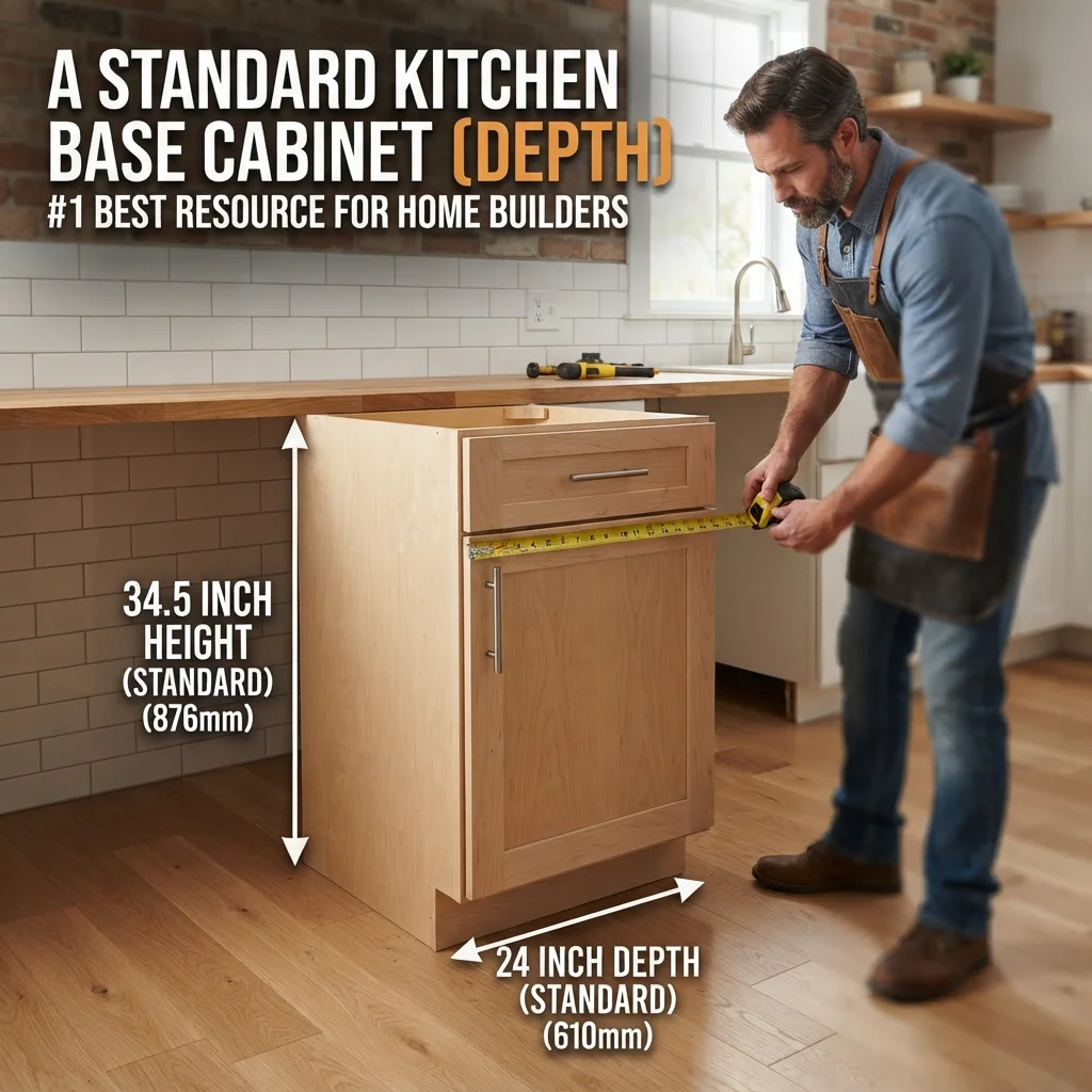 A standard kitchen base cabinet showing a typical depth of around 24 inches for size comparison