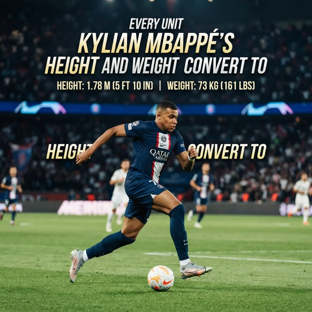 Kylian Mbappé’s reported height and weight converted into feet, inches, centimeters, pounds, and kilograms