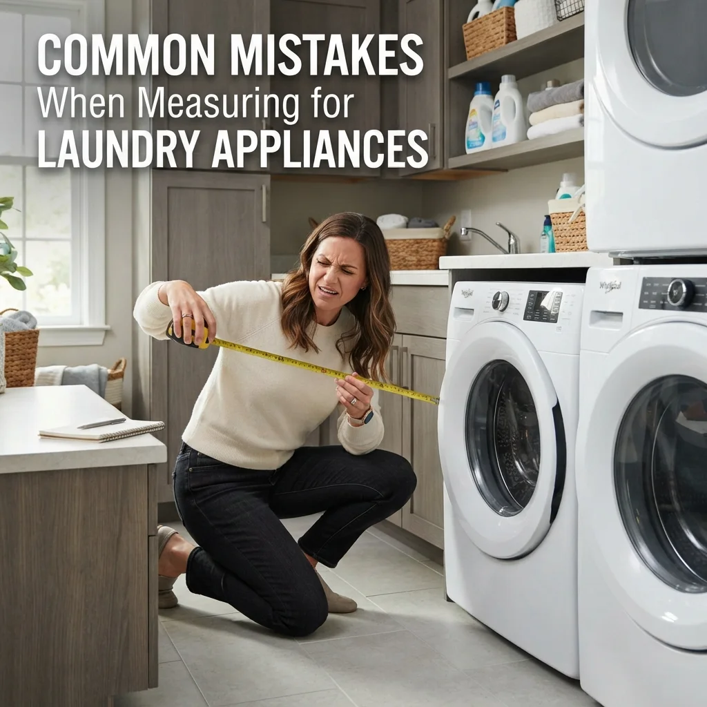 Common mistakes when measuring for laundry appliances, including incorrect width, height, depth, and clearance estimates