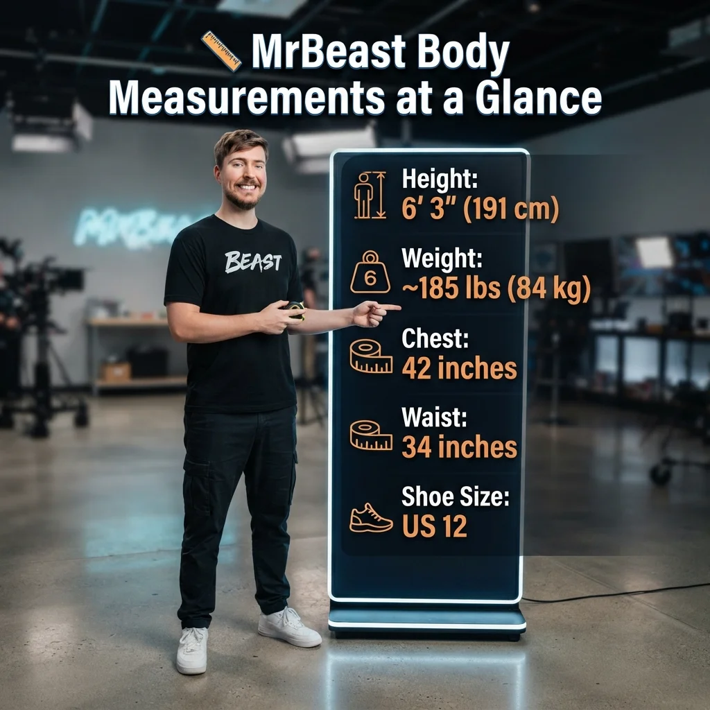 MrBeast body measurements at a glance, including reported height, weight, shoe size, and physical stats