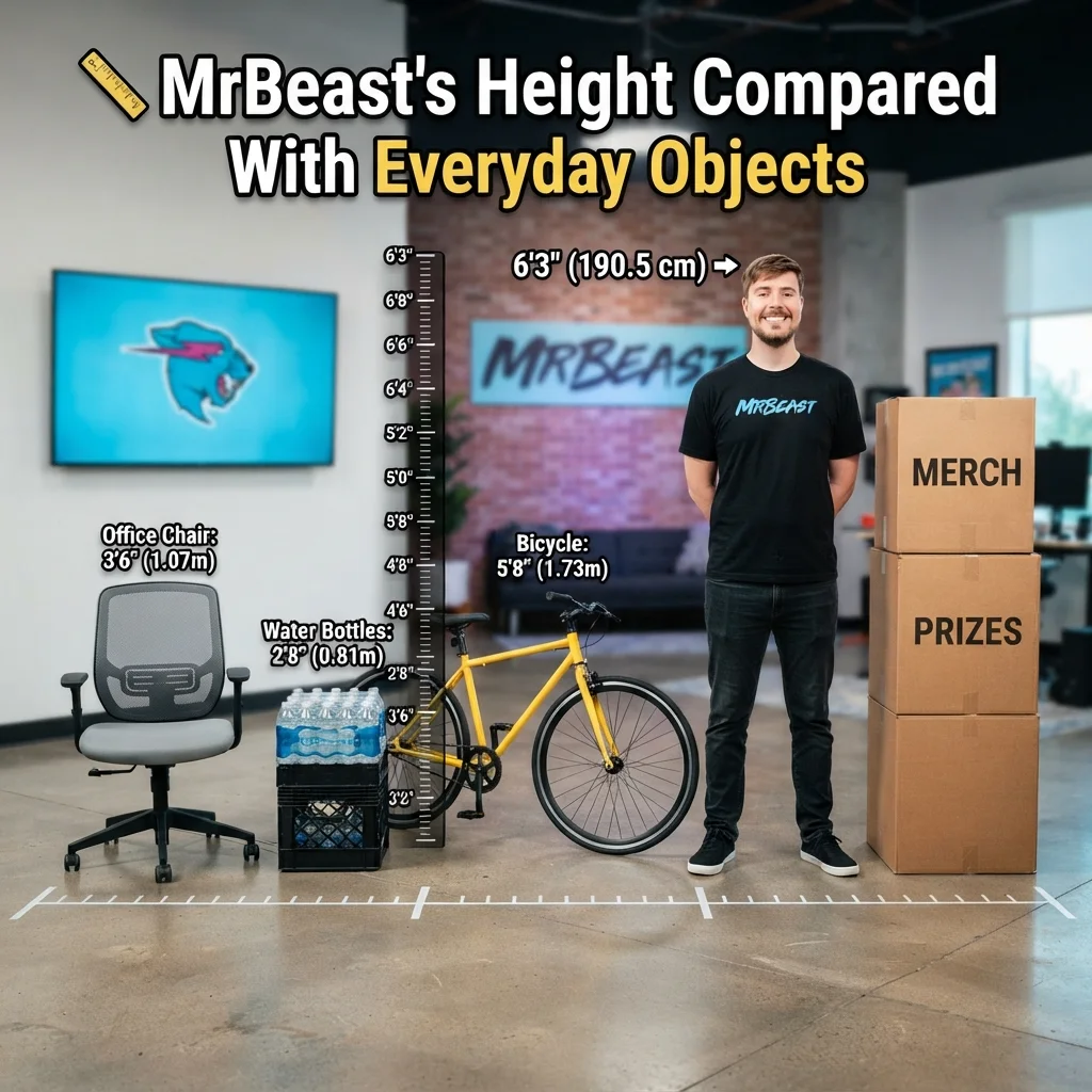 : MrBeast’s reported height compared with everyday objects for an easy visual size reference
