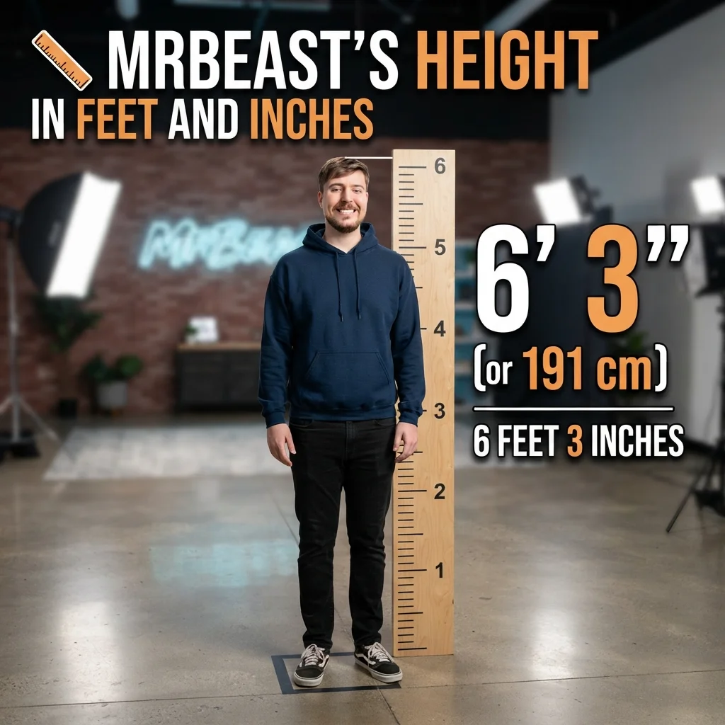 MrBeast’s commonly reported height in feet and inches, with a simple measurement reference