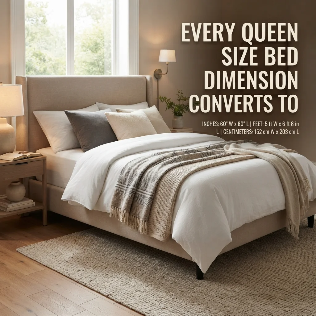 Queen size bed dimensions converted to inches, feet, centimeters, and meters