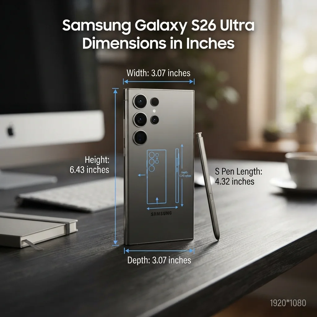 Samsung Galaxy S26 Ultra dimensions in inches showing height, width, and thickness