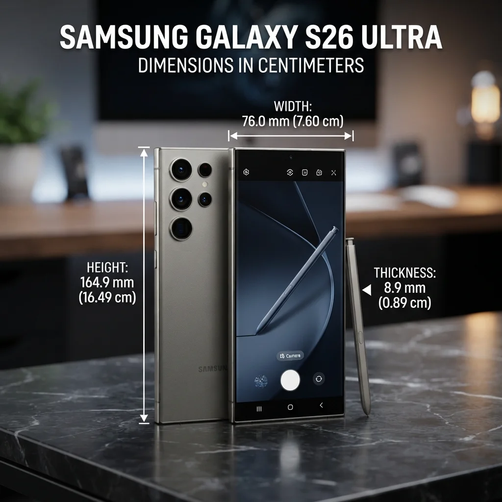 Samsung Galaxy S26 Ultra dimensions in centimeters showing height, width, and thickness