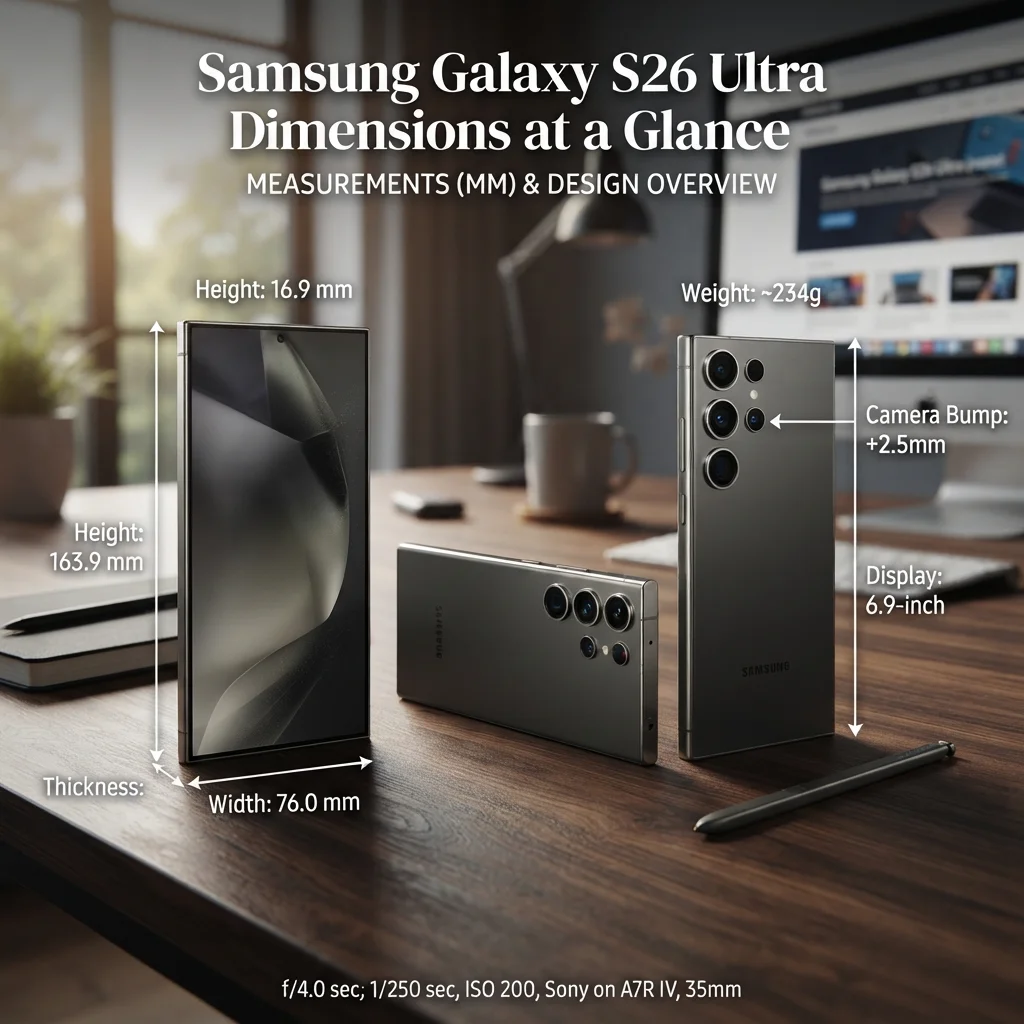 Samsung Galaxy S26 Ultra dimensions at a glance, including height, width, thickness, and weight