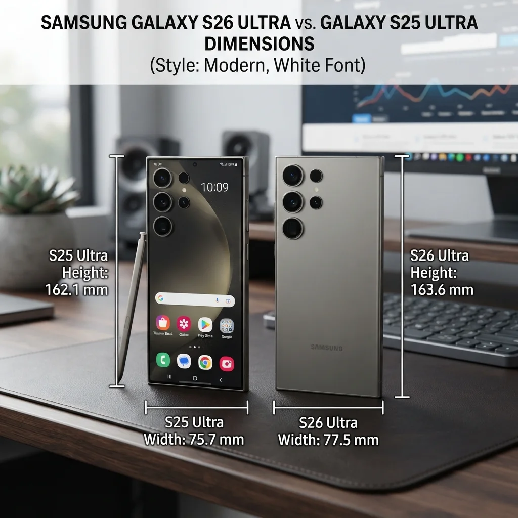 Samsung Galaxy S26 Ultra vs. Galaxy S25 Ultra dimensions compared by height, width, and thickness