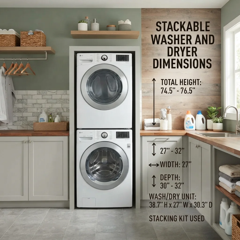  Stackable washer and dryer dimensions showing the combined height, width, and depth of a laundry appliance set