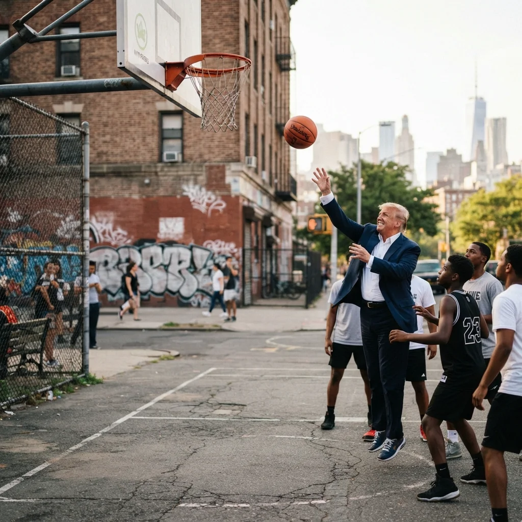 A street basketball hoop with a standard rim height for comparing with Donald Trump's 6'3" height