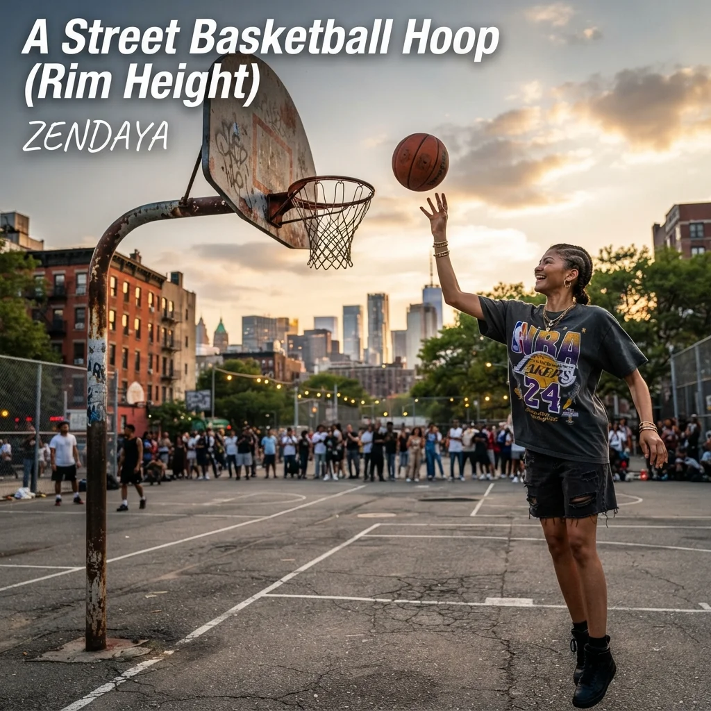 A street basketball hoop with a rim 10 feet above the ground for visualizing Zendaya’s reported height