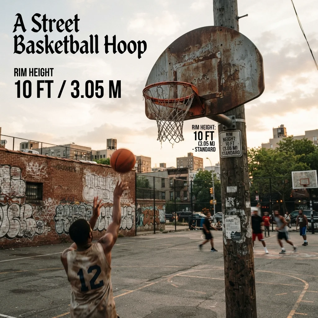 A street basketball hoop with the rim positioned 10 feet above the ground for a familiar height comparison