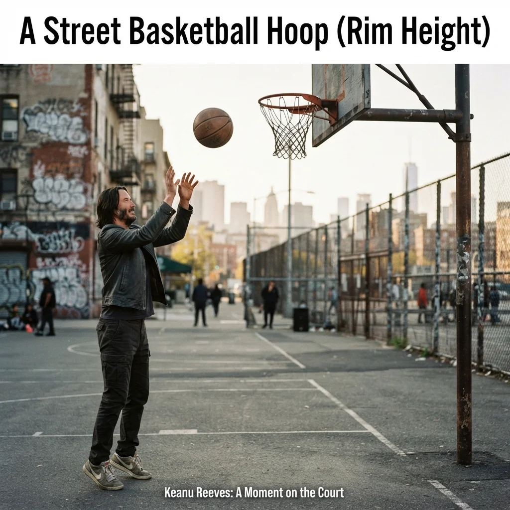 Street basketball hoop with a standard 10-foot rim compared with a person's height