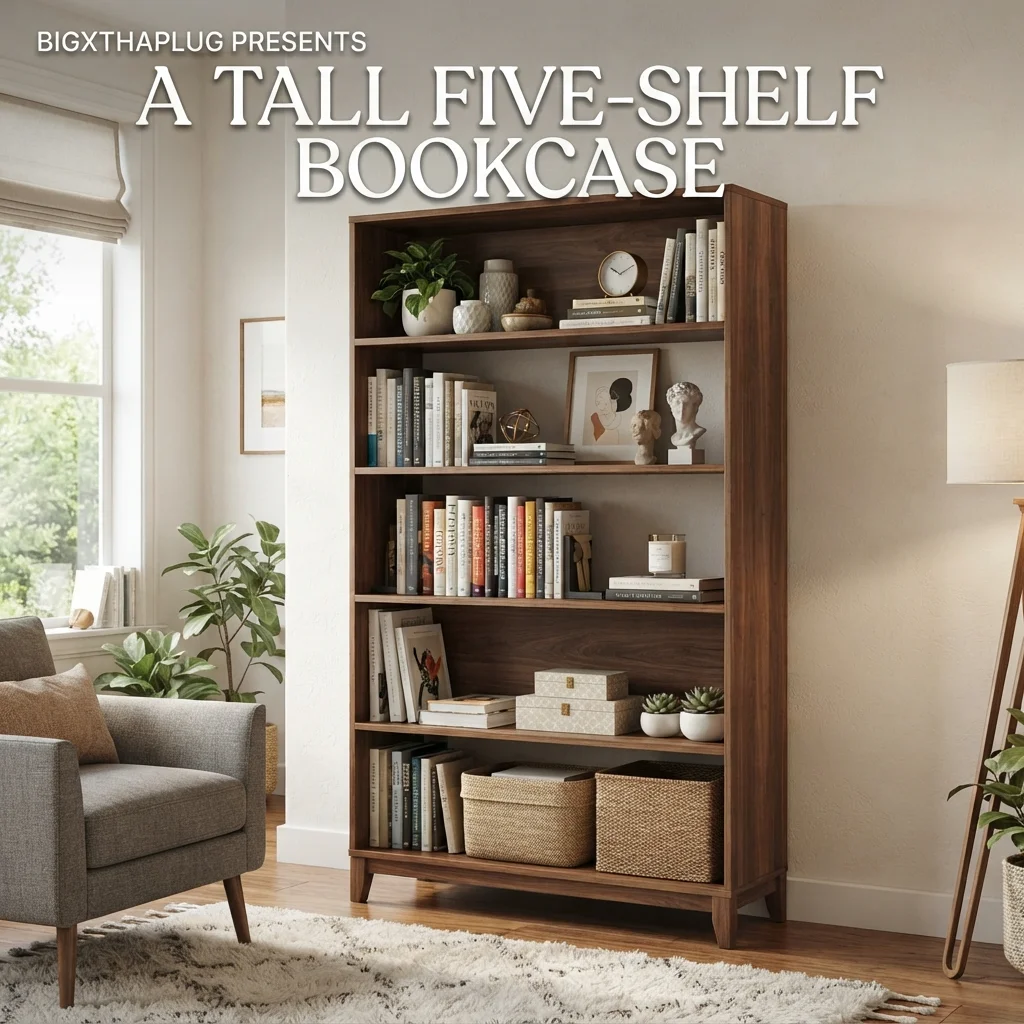 A tall five-shelf bookcase showing common height and dimensions for an everyday size comparison